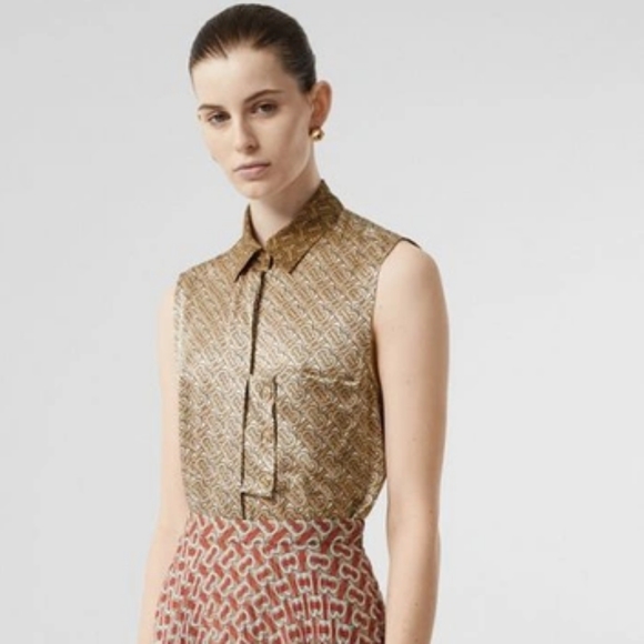 BURBERRY TB MONOGRAM 100% SILK OVERSIZED SHIRT BLOUSE TOP - Picture 4 of 13